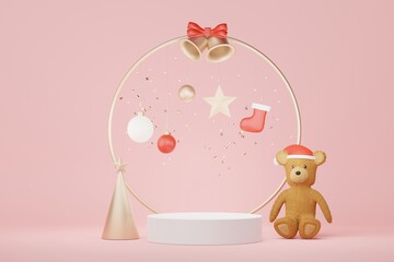 Fototapeta premium 3d Display Podium for product and cosmetic presentation with Merry Christmas and Happy new year concept. Modern geometric. Platform for mock up and showing brand. Minimal clean design.