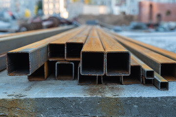 Rusty square shaped metal profile at construction site, selective focus