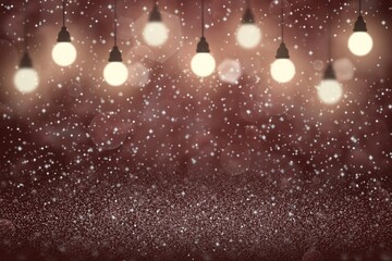 red cute brilliant glitter lights defocused light bulbs bokeh abstract background with sparks fly, holiday mockup texture with blank space for your content