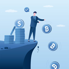 Male investor or trader standing on cliff and drops bitcoins. Investor believes in power of dollar. Financial losses from investments in bitcoin. Falling cryptocurrency rate.