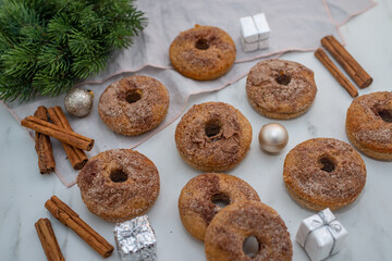Assorted home made gingerbread donuts with cinnamon sugar