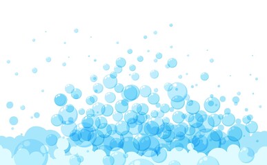 Soap bubbles in cartoon style. A foam sample with blue round shapes. Vector illustration of a card with shampoo or drinking foam. Simple soap background. Oxygen circles fly up