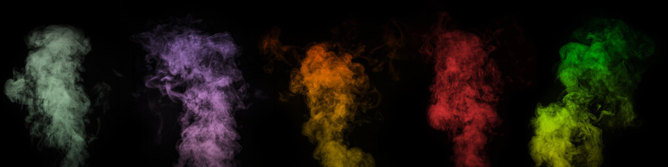 A set of multi-colored different vapors, smoke on a black background. Perfect orange, gray, green, purple, red smoke