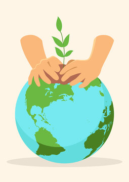 Hands planting a tree on planet earth