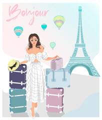 Bonjour. Travel girl, Eifel tower, aerostats and travel cases.