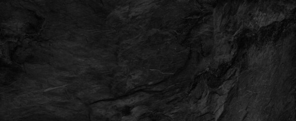 Panorama dark gray stone background with copy space. Black grunge banner with rock texture.