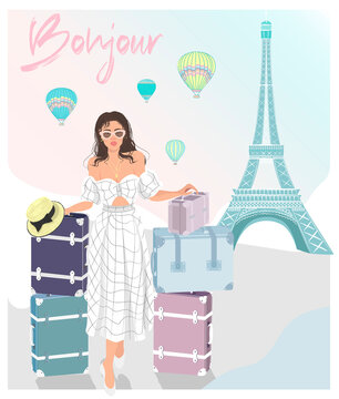 Bonjour. Travel girl, Eifel tower, aerostats and travel cases.