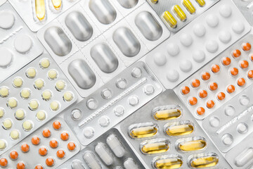 Treatment concept. Background fill of many blisters of medical pills, tablets. Top view of pharmacy drug. Healthcare concept. pharmaceutical background from medicaments. 