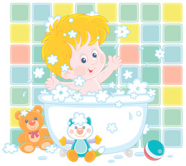 Happy little boy playing in a bubble bath and splashing with foam in a home bathroom, vector cartoon illustration isolated on a white background