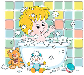Happy little boy playing in a bubble bath and splashing with foam in a home bathroom, vector cartoon illustration isolated on a white background