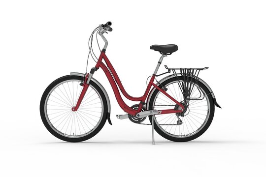 3D illustration of side view of a red bicycle on white background