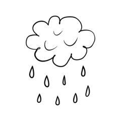 Cloud and rain. Childrens style. Doodle sketch isolated on white background. Hand drawn vector illustration