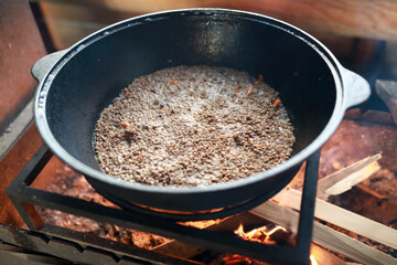Cooking russian buckwheat porridge with stewed meat