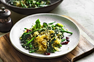 Spaghetti Squash with Kale Asparagus Peaand Broccoli with Dried Chili