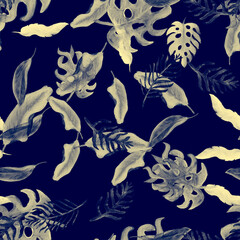 Gray Seamless Monstera. Azure Pattern Painting. Indigo Watercolor Leaf. Navy Tropical Set. Beryl Floral Garden. Blue Summer Design. White Botanical Print.