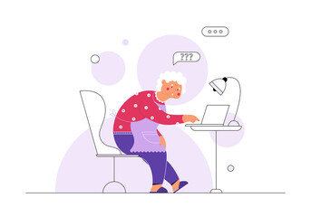 Happy grandma try to use laptop for the first time. Flat vector illustration with one old woman indoor.