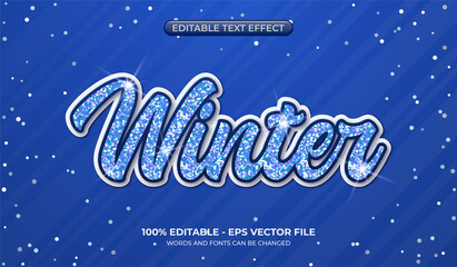 Winter text effect with sparkling glitter particles and snow. Editable text effect on a blue background