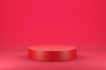 Circle podium on red scene, Geometric background concept, 3d render and illustration.