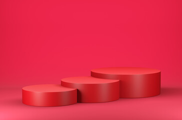 Circle podium on red scene, Geometric background concept, 3d render and illustration.