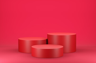 Circle podium on red scene, Geometric background concept, 3d render and illustration.