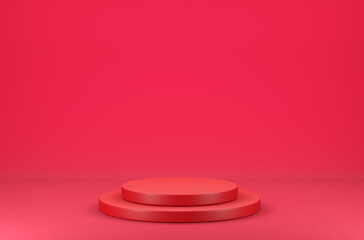 Circle podium on red scene, Geometric background concept, 3d render and illustration.