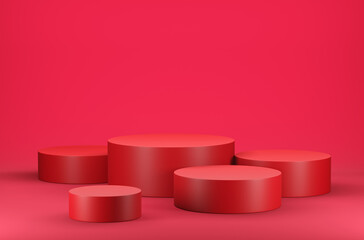 Circle podium on red scene, Geometric background concept, 3d render and illustration.