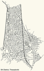 Detailed navigation urban street roads map on vintage beige background of the quarter Fifth (5th) district of the Greek regional capital city of Thessaloniki, Greece