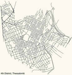 Detailed navigation urban street roads map on vintage beige background of the quarter Fourth (4th) district of the Greek regional capital city of Thessaloniki, Greece