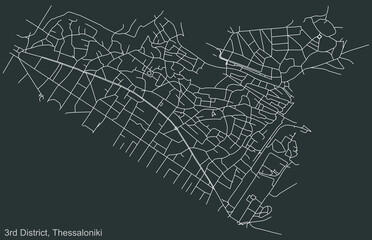 Detailed negative navigation urban street roads map on dark gray background of the quarter Third (3rd) district of the Greek regional capital city of Thessaloniki, Greece