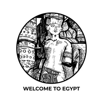 Egyptian statue in a round frame. welcome to egypt. Pharaoh. hand drawing. sketch. vector. eps