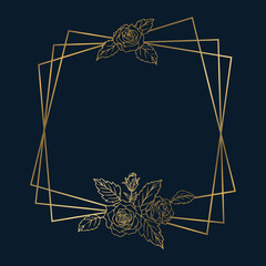 薔薇の花を装飾したデザインフレーム　金色の線画　ネイビーの背景