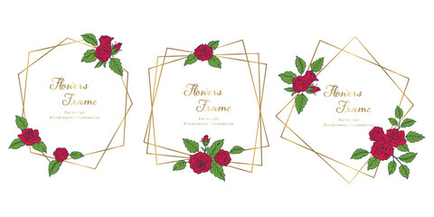 赤い薔薇の花を装飾したデザインフレーム　金色の線　3点セット