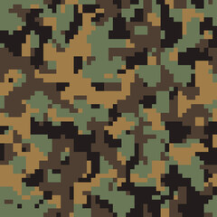 Digital camouflage seamless pattern. Modern military ornament for fabric and fashion textile print. Urban camo clothing style, green khaki texture. Vector background