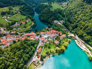 Most na Soci in Slovenia Drone View over Town