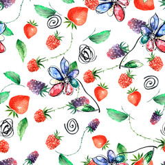 seamless watercolor pattern. Berry set - raspberries, blackberries, Strawberry,  green leaves, branches. Hand drawn watercolor painting raspberry,Strawberry. Chamomile flower, decorative background.