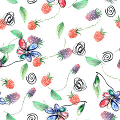 seamless watercolor pattern. Berry set - raspberries, blackberries, Strawberry,  green leaves, branches. Hand drawn watercolor painting raspberry,Strawberry. Chamomile flower, decorative background.