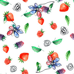 seamless watercolor pattern. Berry set - raspberries, blackberries, Strawberry,  green leaves, branches. Hand drawn watercolor painting raspberry,Strawberry. Chamomile flower, decorative background.