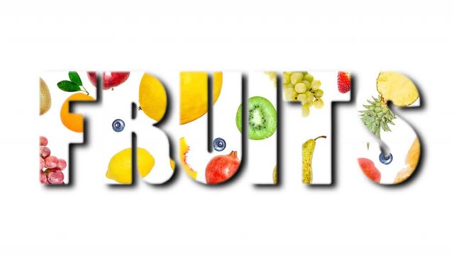 Various tropical fruits appearing and disappearing in the form of the word Fruit, isolated on white. Creative funny colorful 4k loop animation. Template for a banner.
