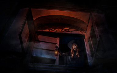 Obraz na płótnie Canvas Halloween witch holding ancient lamp standing in old ancient window castle, Halloween mystery concept