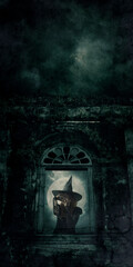 Scary halloween witch standing over ancient castle window, full moon with spooky cloudy sky, Halloween mystery concept
