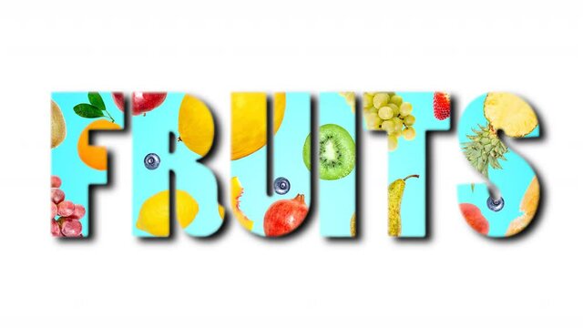Various tropical fruits appearing and disappearing on a blue background in the form of the word Fruit, isolated on white. Creative funny colorful 4k loop animation. Template for a banner.