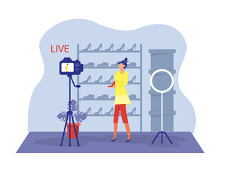 The woman is recording video for her followers and sell shose.online shop Vector flat cartoon illustration