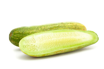 Macro close-up of Organic fresh green half piece Slice of cucumber (Cucumis sativus) with seeds isolated over white background