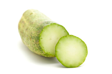 Macro close-up of Organic fresh green Slice of cucumber (Cucumis sativus) with seeds isolated over white background