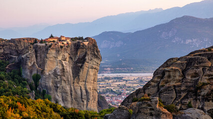Aerial drone view of the Meteora in Greece at sunset