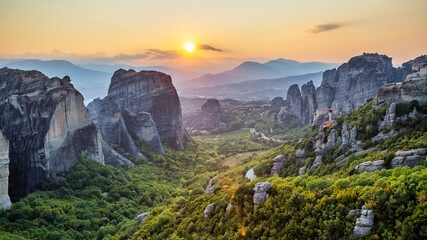 Obraz na płótnie Canvas Aerial drone view of the Meteora in Greece at sunset