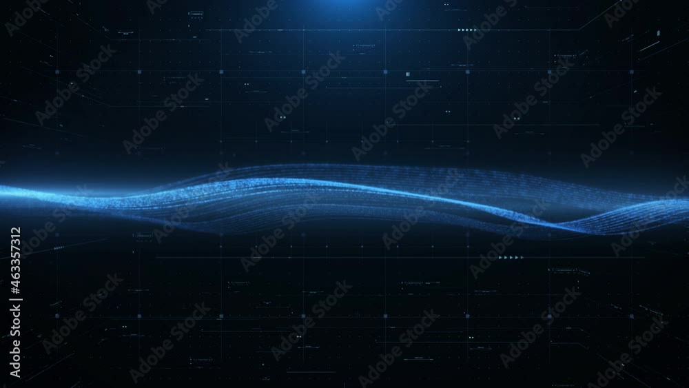 Fototapete HUD Technology Futuristic Particle Wave Big Data Digital Signature Flow Transfer Concept. DoF Blue Flare Glow with Digital Communication Data Animation Background	