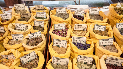 Spice counter at a market in Cannes, France