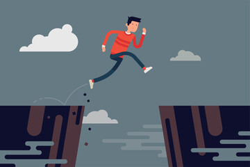 Man jumping over abyss. Cool vector concept illustration on overcoming obstacles with casually clothed running man jumping over abstract precipice