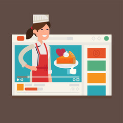 Cooking and gastronomy themed video channel on video sharing web site concept vector flat design illustration with female cook in apron, piece of cake, like and share icons